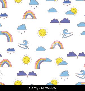 Seamless pattern background with cartoon weather symbols. Vector wallpaper for baby. Stock Vector