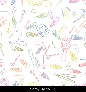 Seamless pattern background with tools for hairstyles. Hair comb, hair dryer and clips vector illustration. Icons and pastel colours. Stock Vector