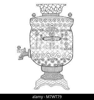 Samovar vector illustration, teapot zen tangle and doodle. Coloring book for adult. Black and white Stock Vector