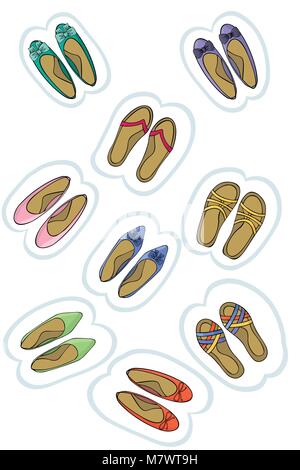 Baby shoes stickers. Labels vector illustration. Sandals and ballet. Stock Vector