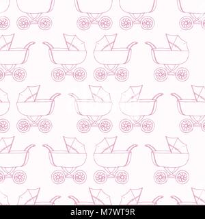 Seamless pattern background baby carriage for doughter. Baby girl wallpaper. Pink textile. Buggy vector illustration. Stock Vector