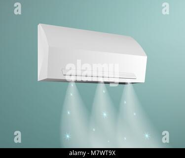 White air conditioner on the background of blue wall. HVAC system vector illustration. Blows cold air with snowflakes. Stock Vector