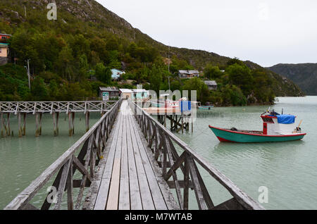 Caleta Tortel, a tiny coastal hamlet located in the midst of Aysen (Southern Chile)’s fjords Stock Photo