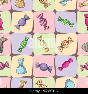 Seamless pattern with different sweets. Background with squares with rough edges. Sweets in a paper wrapper vector illustration. Stock Vector