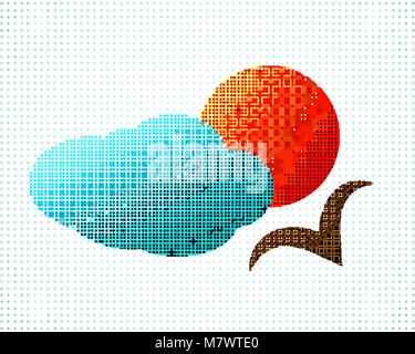 The icon for the travel Agency. Fabric texture vector illustration. A bird in the sky, sun, cloud. The simple symbol of tourism. Stock Vector
