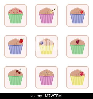 Set of vector icons with images of cupcakes. Colorful cute cartoon muffins Stock Vector