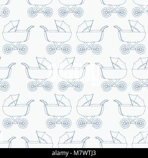 Seamless pattern background baby carriage for son. Baby boy wallpaper. Blue textile. Buggy vector illustration. Stock Vector