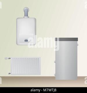Boiler room with household equipment. The condensing boiler heats the water tank and steel panel radiator. Vector illustration. Stock Vector