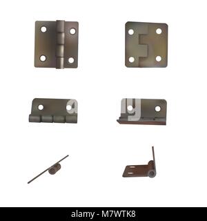 Hinge for doors vector illustration. Set of brass or bronze industrial ironmongery. Mechanism for retro style furniture. Stock Vector
