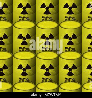 Yellow barrels of radioactive toxic waste. Seamless pattern background. Chemical sign of danger. Cesium 137. Stock Vector