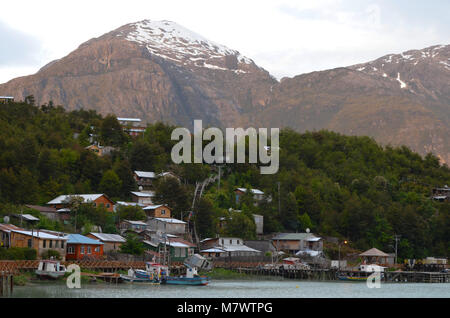 Caleta Tortel, a tiny coastal hamlet located in the midst of Aysen (Southern Chile)’s fjords Stock Photo