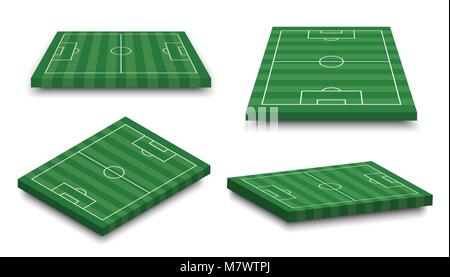 Set of 3D football field on white isolated background . Perspective and isometric aspect . Vector . Stock Vector