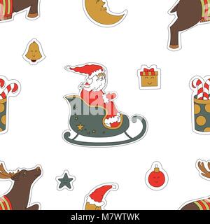 Christmas seamless pattern background. Santa Claus in a sleigh, reindeer and gifts vector illustration. A cute holiday Wallpaper. Stock Vector