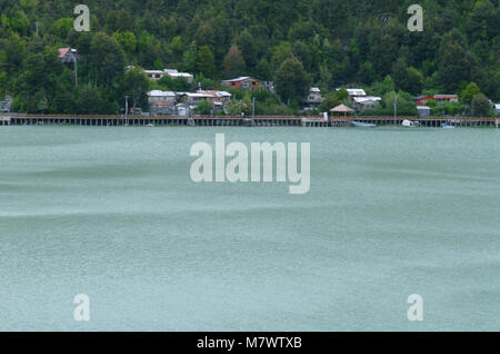 Caleta Tortel, a tiny coastal hamlet located in the midst of Aysen (Southern Chile)’s fjords Stock Photo