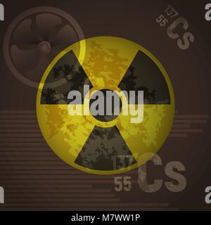 Yellow radioactive sign danger vector illustration. Cesium 137 on a brown background. Protection from chemical contaminants. Stock Vector