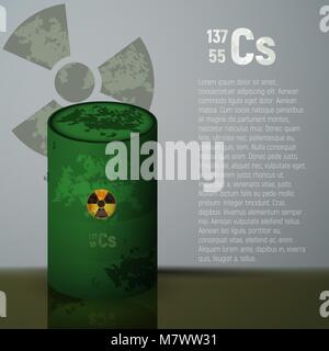 A barrel of toxic radioactive waste. Container green with danger label vector illustration. Dangerous cesium 137 on a gray background. Stock Vector