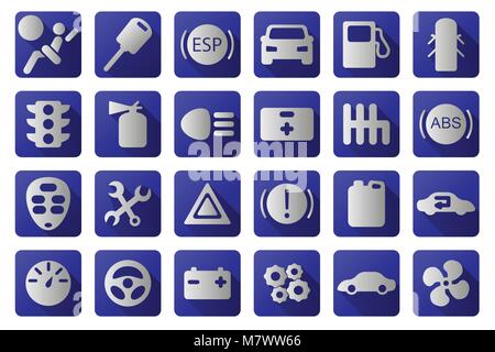 Vector car icons set. Blue and white colors. Automobile symbol collection. Stock Vector