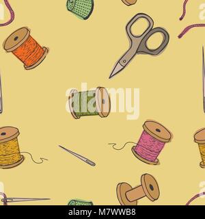 Objects Sewing vector illustration. Threads, thimble scissors, needles seamless pattern background. The set of items for embroidery. Stock Vector