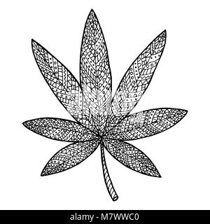 Cannabis vector illustration. Tangle pattern and zen doodle. Black and white coloring book. Stock Vector