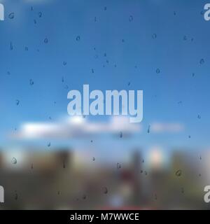 Water drops on glass after rain. Raindrop on the window vector. Droplet on blue sky background with clouds Stock Vector