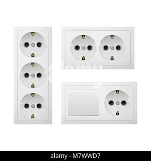 Electrical socket Type F with switch. Power plug vector illustration. Realistic receptacle from Europe. The lights breaker on and off. Set of obgect. Stock Vector