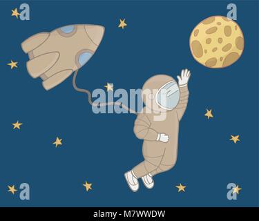 Cosmonaut in open space. The rocket, moon, spacesuit vector illustration. Stock Vector