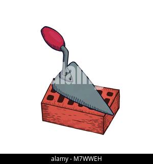 Trowel and brick. Reparation of the wall. Repair design vector illustration. Stock Vector