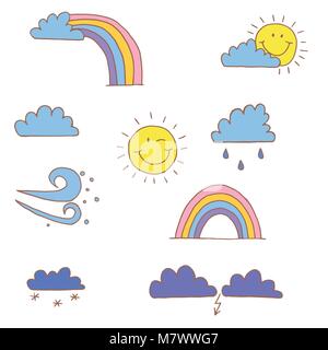 Weather elements vector illustration. A set of cute children's drawings. Comic colorful symbol. Stock Vector