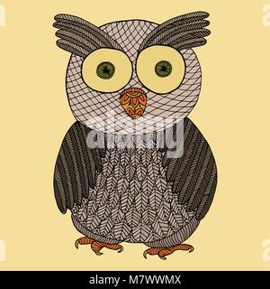 Owl zendoodle. Zen tangle and doodle bird vector illustration. Vintage coloring book. Wildlife tattoo Stock Vector