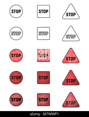 Set of icons with a STOP sign. Collection of symbols warning vector illustration.Red, white and black. Simple and outline element, volume and grunge t Stock Vector
