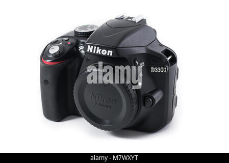 A Nikon D3300 digital APS-C SLR camera body on white seamless background Stock Photo