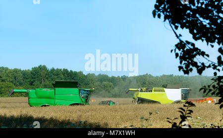 two agricultural machines operate in the field, agricultural land, ain harvesting machines operate in the field Stock Photo