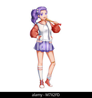 Baseball Girl with Anime and Cartoon Style. Video Game's Digital CG Artwork, Concept Illustration, Realistic Cartoon Style Character Design Stock Photo