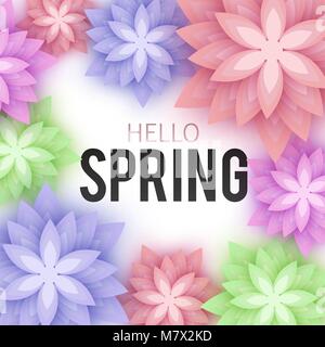 Hello Spring, floral greeting card, paper flowers. Banner with r Stock Vector
