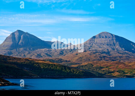 Quinag - Sail Gharbh (left) and Sail Gorm seen from viewpoint on A984 near Kylesku, on North Coast 500 tourist route, Sutherland Scottish Highlands UK Stock Photo