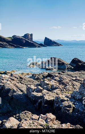 The Split Rock at Clachtoll Bay seen across the rocky foreshore, Assynt, Sutherland, North Coast 500 route, Scottish Highlands, Scotland UK Stock Photo