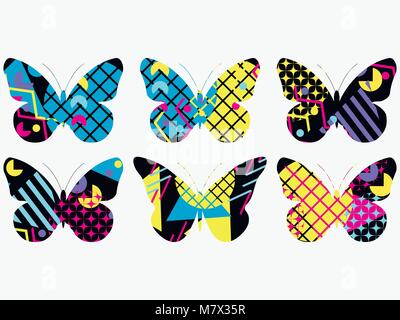 Set of butterflies with a memphis pattern made of geometric elements in the style of the 80s. Vector illustration Stock Vector