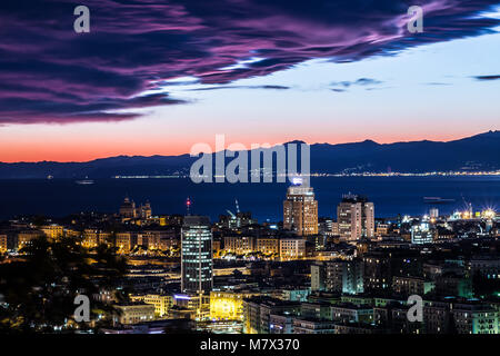 GENOA, ITALY, DECEMBER 29, 2014 - Night view of Genoa city center, buildings, skyscrapers and sea in Genoa, December 29, 2014, Italy  Europe Stock Photo