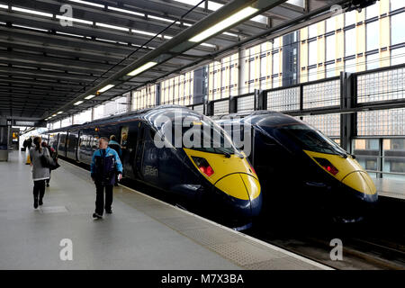 javelin trains also called the bullet trains in st pancras rail station london uk march 2018. Stock Photo