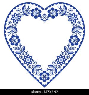 Folk heart vector design, Scandinavian floral ornament heart shape, traditional design with flowers in navy blue - birthday or wedding greeting card Stock Vector