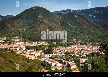 Quillan (south of France), May 2015. The town viewed from the overhanging B-road D117 Stock Photo