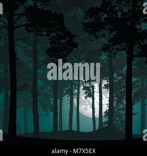 vector illustration of a deep coniferous forest under a night sky with full moon Stock Vector