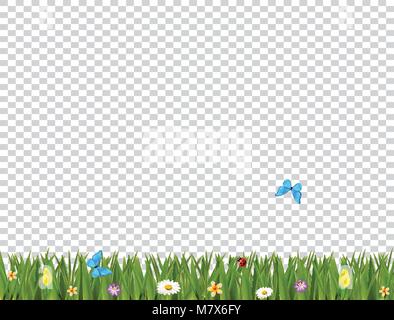 Green realistic grass border with colorful flowers and butterflies isolated on transparent background. Spring or summer vector Illustration, template, Stock Vector