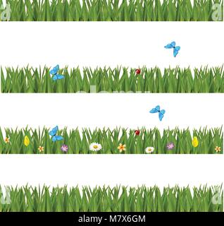Green realistic grass borders set with colorful flowers and butterflies isolated on white background. Spring or summer vector kit, template, clip art, Stock Vector