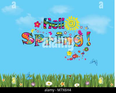 Hello spring vector cartoon colorful  illustration with beautiful meadow field with colorful flowers and butterflies on blue cloudy sky background wit Stock Vector