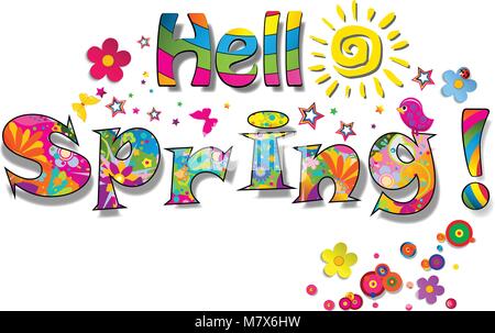 Hello spring cartoon rainbow lettering typography with cute elements as sun, birds, bright floral pattern isolated on white background. Calligraphy po Stock Vector