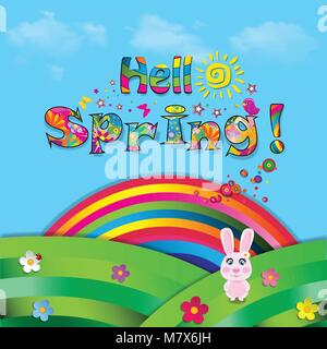 Hello spring vector cartoon colorful paper illustration of cute pink rabbit sitting on beautiful field with sun, flowers, birds and rainbow on on blue Stock Vector
