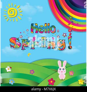 Hello spring vector cartoon colorful paper illustration of cute pink rabbit sitting on beautiful field with sun, flowers, birds and rainbow on on blue Stock Vector