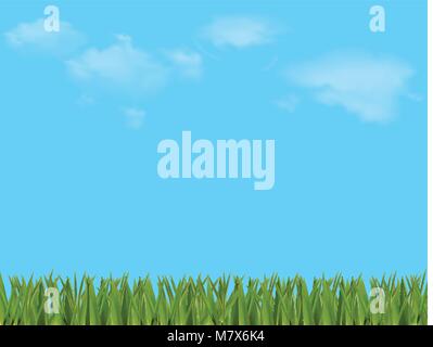 Spring or summer vector cartoon colorful  illustration with beautiful meadow field with green grass on blue cloudy sky background with empty copy spac Stock Vector