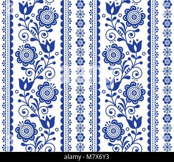 Scandinavian seamless vector pattern with flowers, Nordic folk art repetitive navy blue ornament Stock Vector
